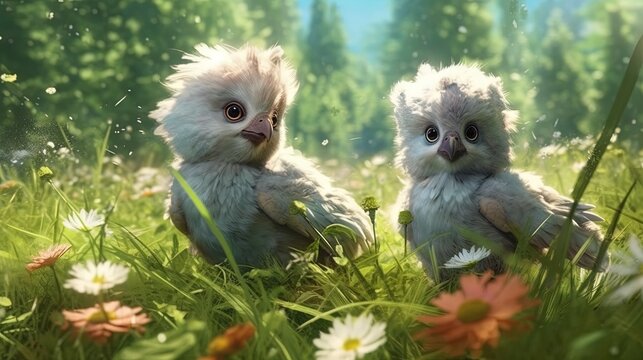 Adorable baby griffins playing in a meadow . Fantasy concept , Illustration painting.
