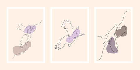 wall art vector set . Bird line art drawing with abstract shape.