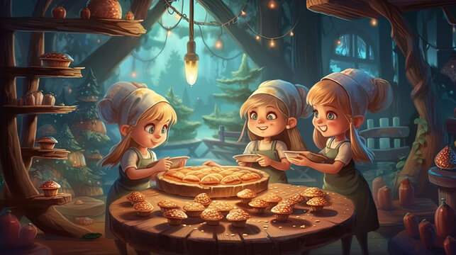 Adorable little elves baking cookies in a mystical treehouse . Fantasy concept , Illustration painting.