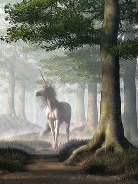 A Unicorn, a white horse with a spiral horn, stands on a trail in an enchanted forest. Sunlight falls upon this fantasy animal of myth and legend. 3D rendering
