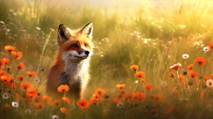 Fox in a field of flowers