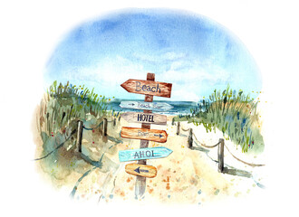 Information signpos on the beach. Blue sky, nice weather. Happy holiday.  Stock illustration. Hand painted in watercolor.