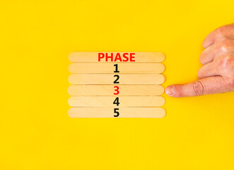 Time to phase 3 symbol. Concept word Phase 1 2 3 4 5 on wooden sticks. Businessman hand. Beautiful yellow table yellow background. Business planning and time to phase 3 concept. Copy space.