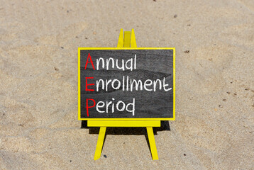 AEP symbol. Concept words AEP Annual enrollment period on beautifulblack chalk blackboard....