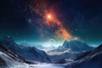 Fototapeta na wymiar Winter scene with a majestic mountain peak, a star-filled sky, nebula and comet. Generative AI