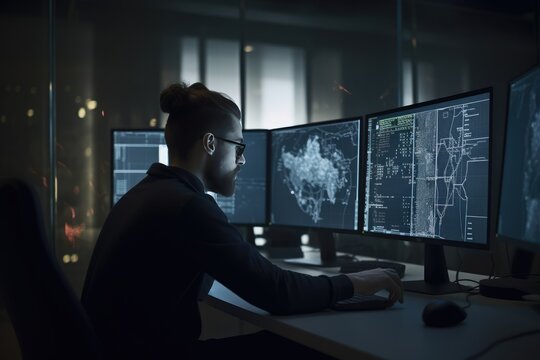 Programmer working at their computer, surrounded by monitors displaying code. Generative AI