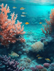 Fototapeta na wymiar Colorfull coral reef with fishes anemones and beautiful lighting. Created with generative AI.