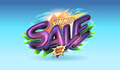 Summer sale banner or poster vector mockup with blue sky, palm leaves and 3D lettering, tropical style