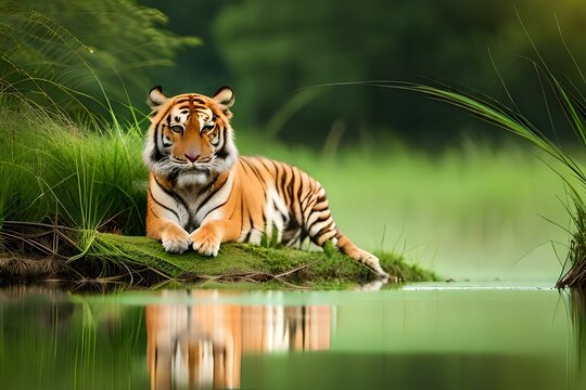 tiger sitting near to the water generated AI