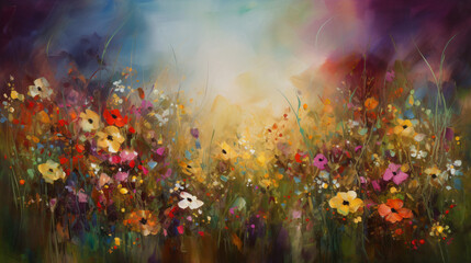 Plakat An oil painting of a field full of flowers Generative Ai