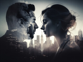 A double exposure illustration of a man and a woman face to face in front of a city skyline Generative Ai
