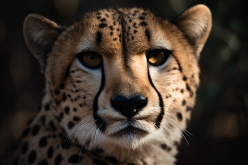 A close up of a cheetah's face isolated on a black background Generative Ai