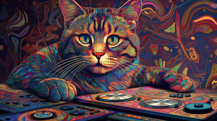 A psychedelic illustration of a cat playing a DJ mixer Generative Ai