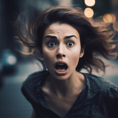 A running woman with an exaggerated scared and surprised look on her face Generative Ai