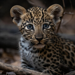 Fototapeta premium A baby leopard with blue eyes laying on the ground Generative Ai