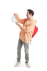 Male student with model of molecule on white background