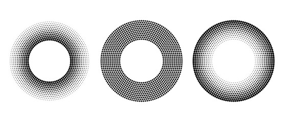 Set of halftone dots in circle form with different gradients.