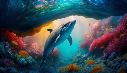 Fototapeta na wymiar Dolphin swimming in the under sea, beautiful underwater and colorful coral in wild nature of the Pacific Ocean