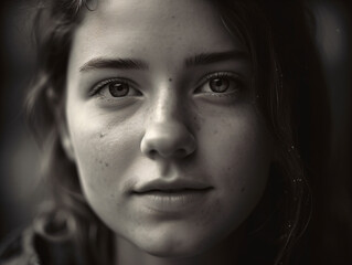 A black and white portrait of a young woman with a natural look Generative Ai