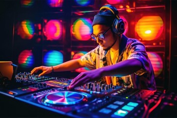 Fototapeta na wymiar Night club, nightlife concept. DJ hands hold microphone and mixing DJ remote. Neon light, ai generated