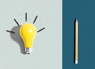 Idea light bulb with a pencil - flat lay. Generative AI