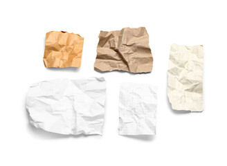 Different pieces of creased paper sheets isolated on white background