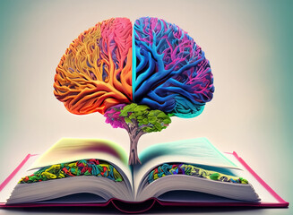 Open book with a colorful creative tree brain in it isolated on clean background. Generative AI