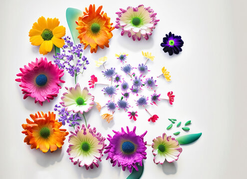 Overhead view of colorful flowers arranged on white background. Generative AI