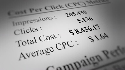 Animated Advertising Campaign Report with a Focus on Cost per Click (CPC) Number. Fictitious Data Created Exclusively for This Concept Footage
