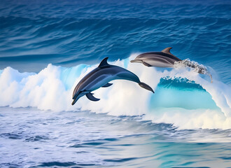 Playful dolphins jumping over breaking waves Hawaii Pacific Ocean wildlife scenery Marine. Generative AI