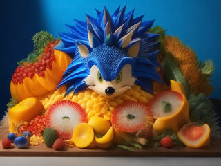 an edible food art of sonic hedgehog made up of fruits and vegetables - obrazy, fototapety, plakaty