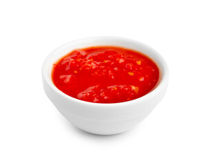 Bowl with tasty tomato sauce on white background