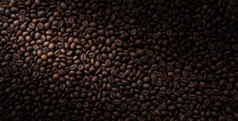 High quality Coffee beans flat lay image, panoramic view of roasted coffee beans background