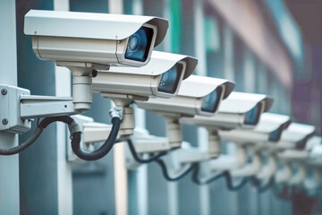 Cctv video surveillance cameras mounted in a row on a building wall scanning a city street