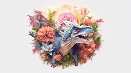 a tyrannosaurus rex dinosaur 3d with flower colorful