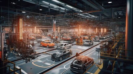 Automobile assembly line production, Unfinished automobiles in a car plant.
