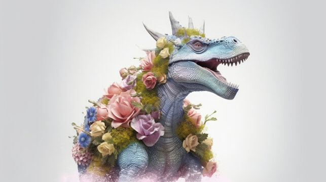 T-rex portrait with the flower on isolated white background