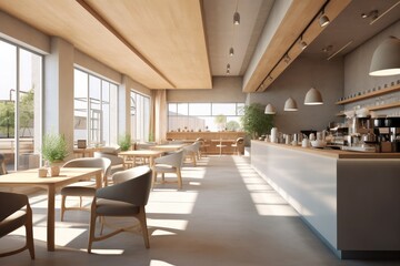 Fototapeta na wymiar Modern minimal comfortable coffee shop seating area interior design with wood tables and armchairs, long sofa.