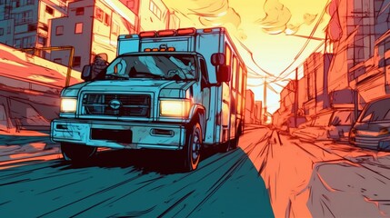 Ambulance transporting a patient to the hospital . Fantasy concept , Illustration painting.