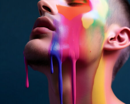 Man's face with rainbow color drops. Symbolic representation of the gay movement, a rainbow of colors. The concept of pride, a symbol of love and passion. Sex connection
