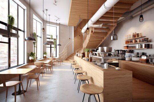 Cafe restaurant, Interior design of a coffee shop with kitchen counter and sitting area.