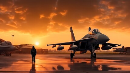 Military jet fighter plane parked in a hangar at sunset.