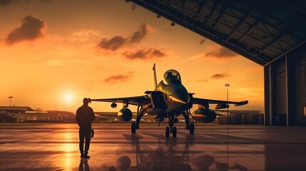 Military jet fighter plane parked in a hangar at sunset. - obrazy, fototapety, plakaty