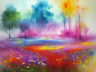 Obraz na płótnie Canvas Colorful meadow flowers landscape. AI generated illustration