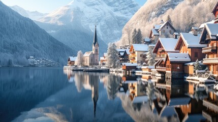 Naklejka premium Hallstatt city during winter time, View of beautiful magic village.