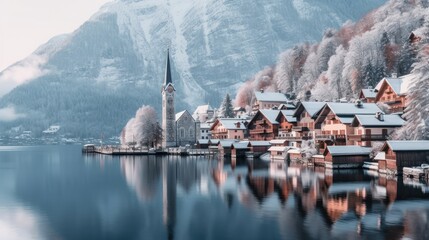 Fototapeta premium Hallstatt city during winter time, View of beautiful magic village.