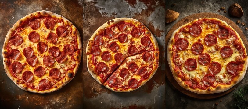 There Are Two Slices Of Pepperoni Pizza On Table, One Slice Is Cut In Half. The Pizza Is Sitting On Metal Surface That Appears To Be An Old Grill Or Stove Top. Generative AI