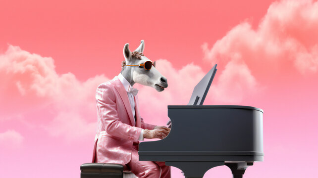 Comic concept of animals and in human roles, Donkey at the Keys: A Donkey Playing Piano on a Pink Background&mdash;A Comic Exploration Ideal for Children's Books and Entertainment	