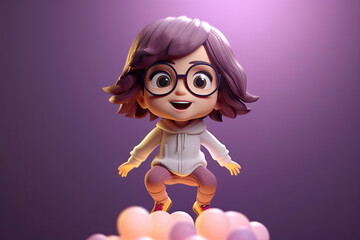 Cute kawaii portrait young or little girl wearing glasses and casual dress that jumping on the air with smile and happiness, floating in colorful background, minimal style, with Generative Ai.