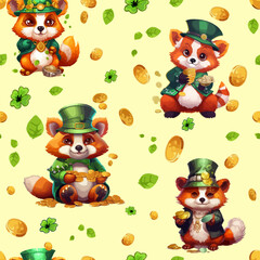 Pattern a red panda in a leprechaun costume on a white background. Vector illustration of an animal in a costume, Saint Patrick's Day Logo, icon for printing, design template
